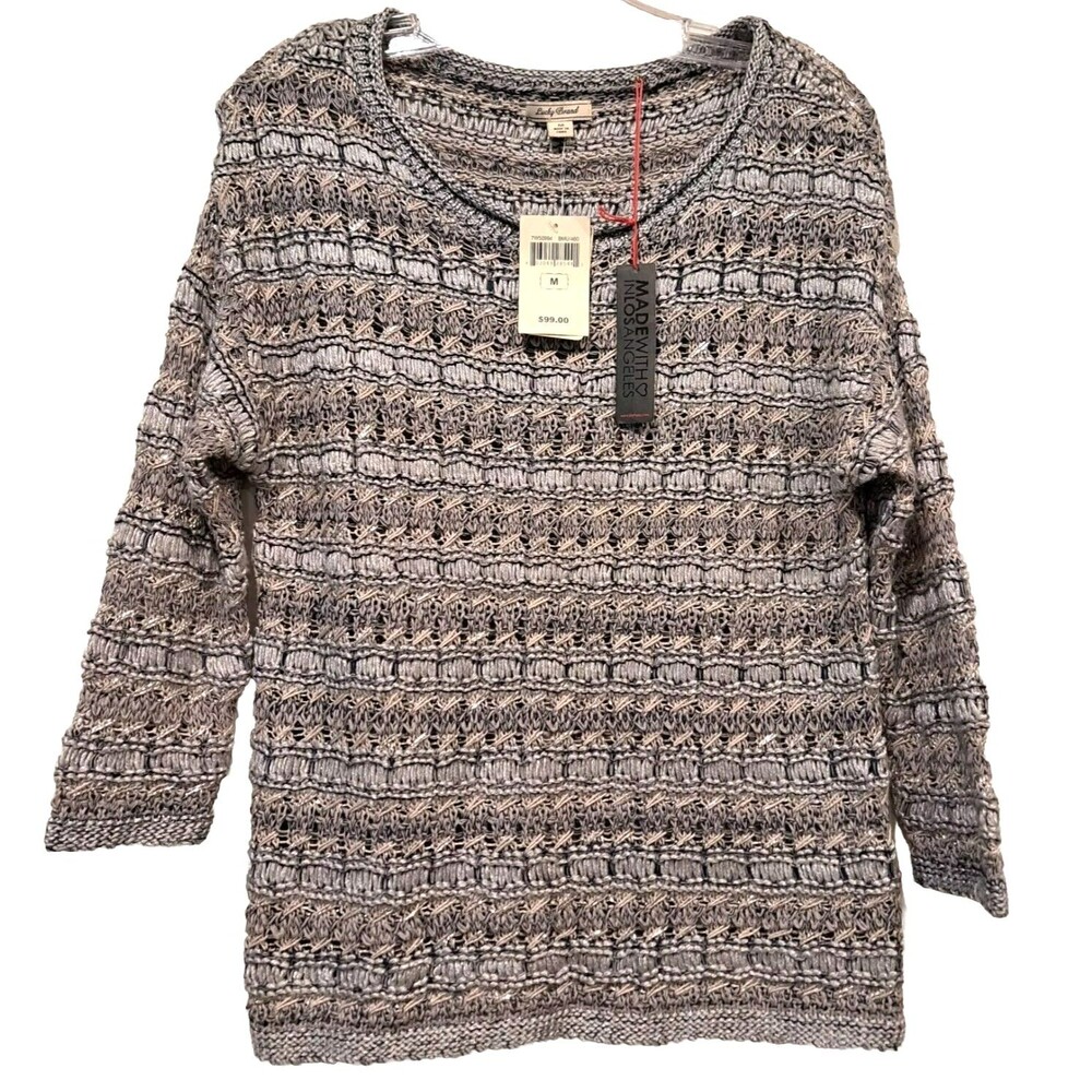 LUCKY BRAND Sweater Women's Crochet 3/4 Sleeve Metallic Open Knit Gray Sz M NWT